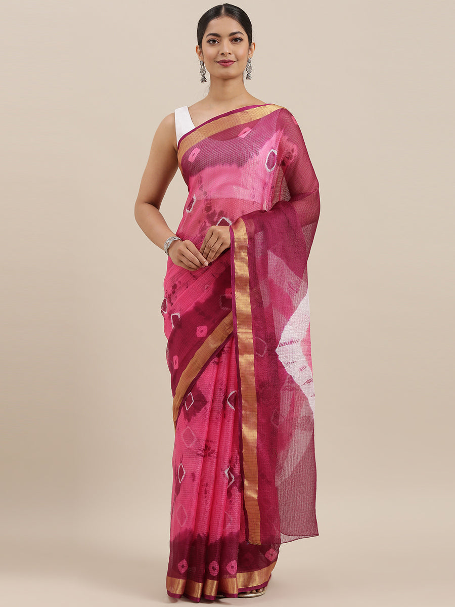 Hand Dyed Pink & Wine  Bandhani Kota Silk Saree