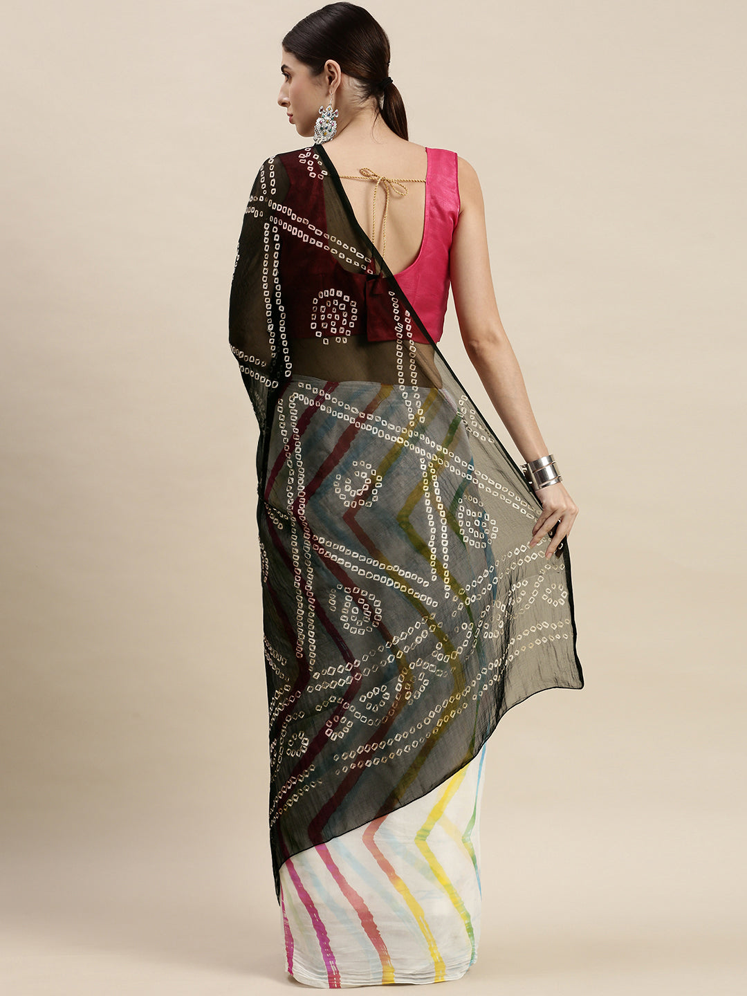 White Bandhani With Leheriya Chiffon Saree