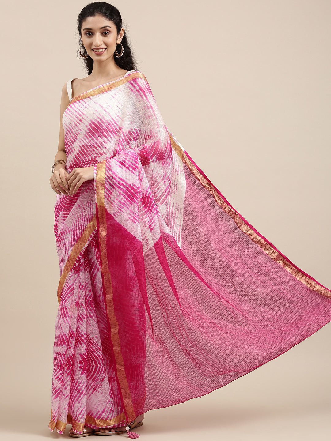 Pink Hand Dyed Leheriya Printed Kota Doria Saree