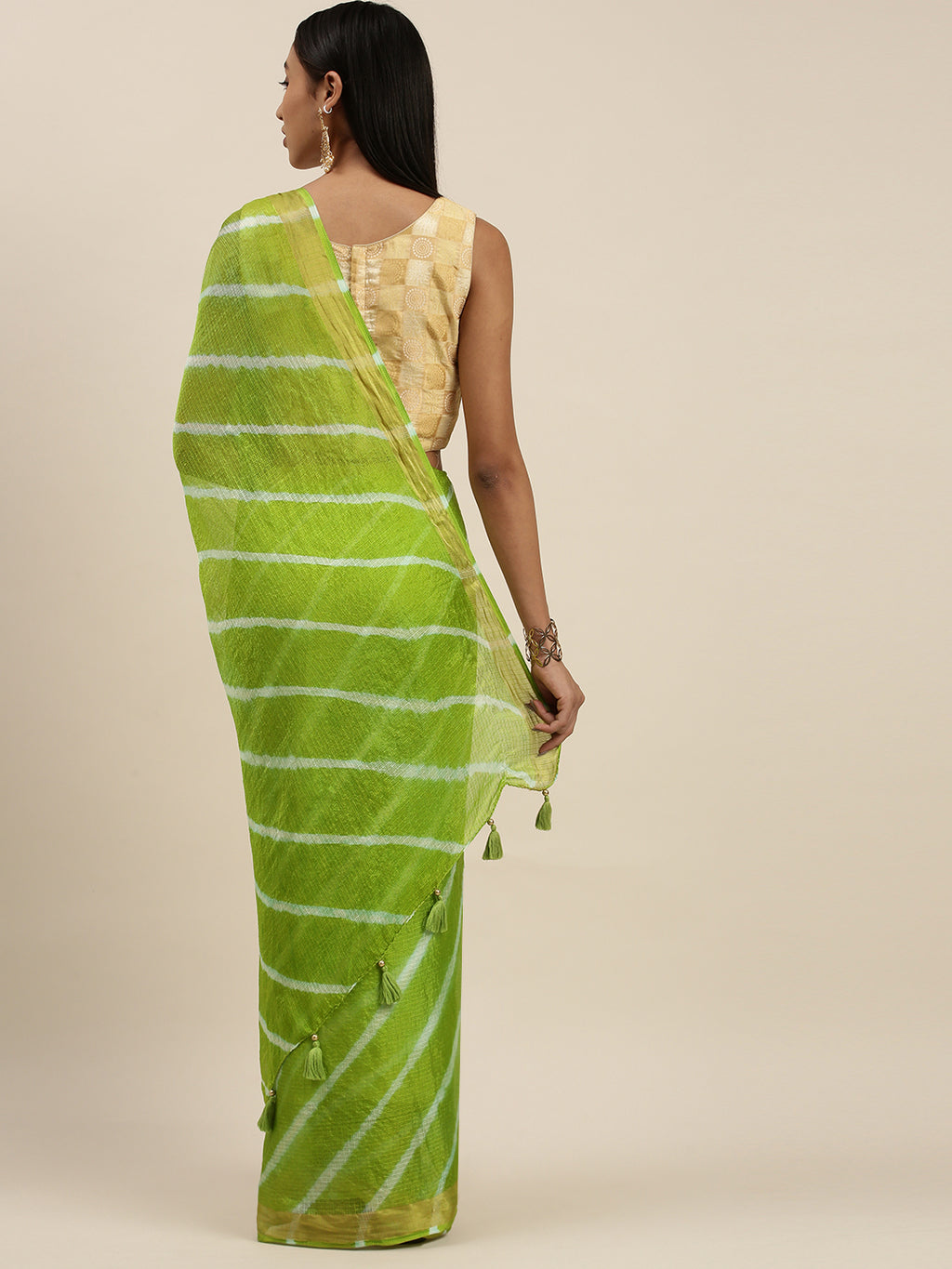 Green Hand Dyed Leheriya Zari Border Kota Doria Silk Saree