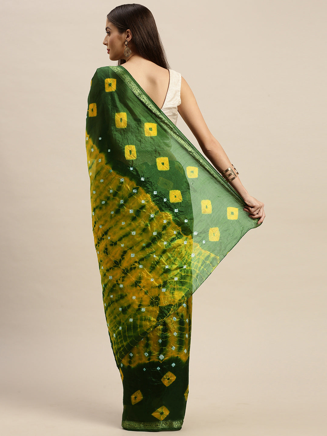 Green & Yellow Hand Dyed Bandhani Zari Work Art Silk Saree