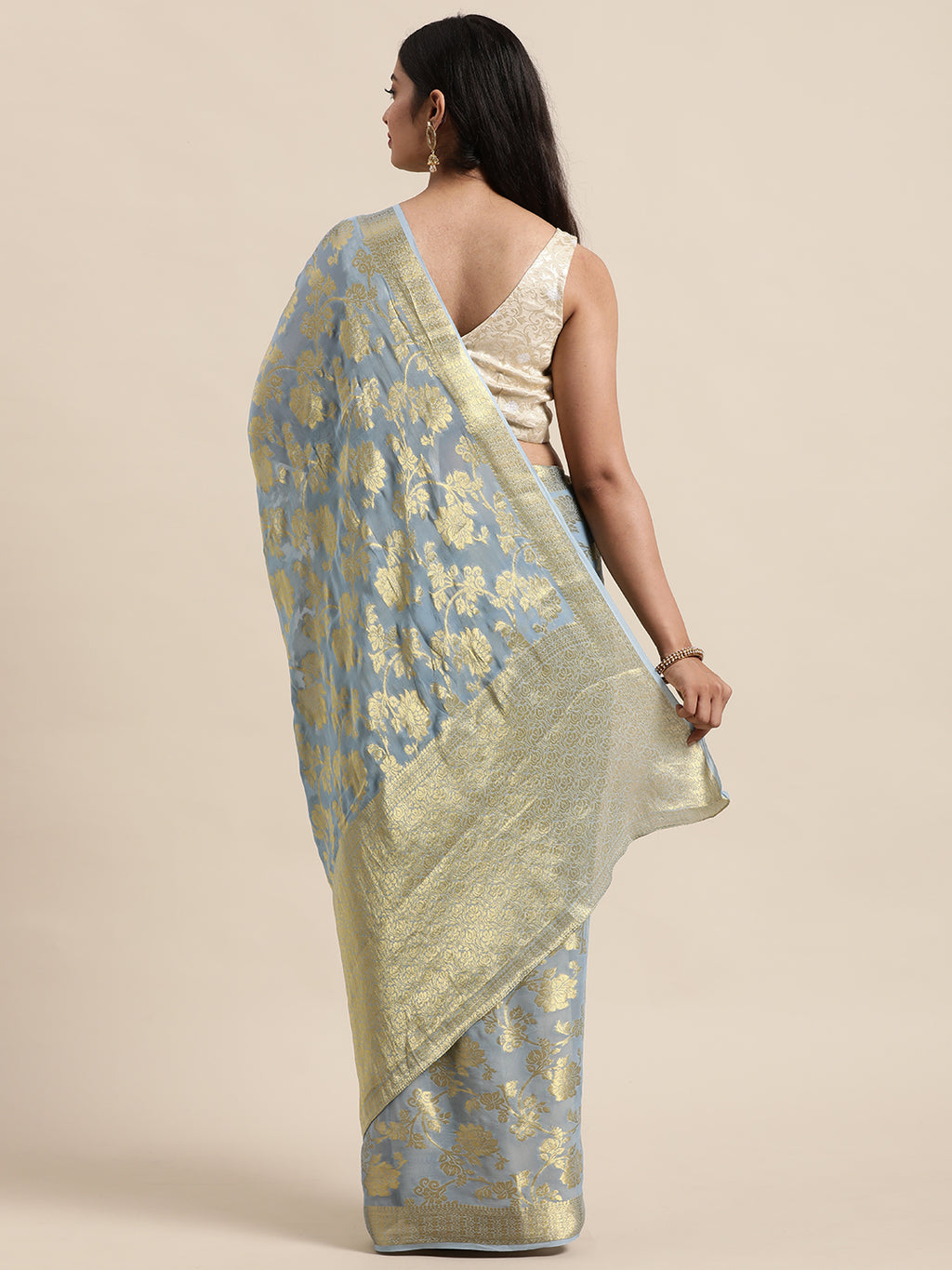 Grey Floral Printed Zari Work Georgette Saree