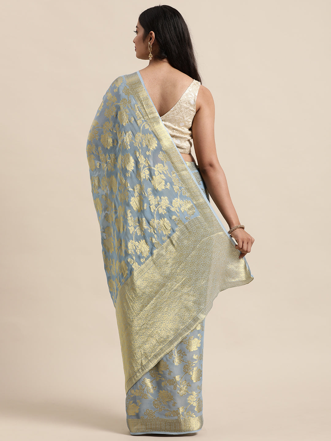 Grey Floral Printed Zari Work Georgette Saree