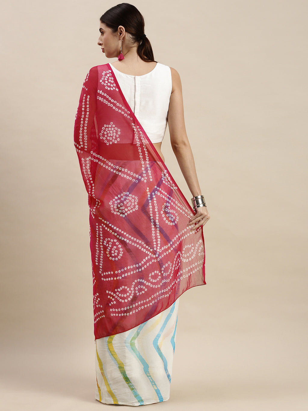 Red & White Bandhani With Leheriya Chiffon Saree