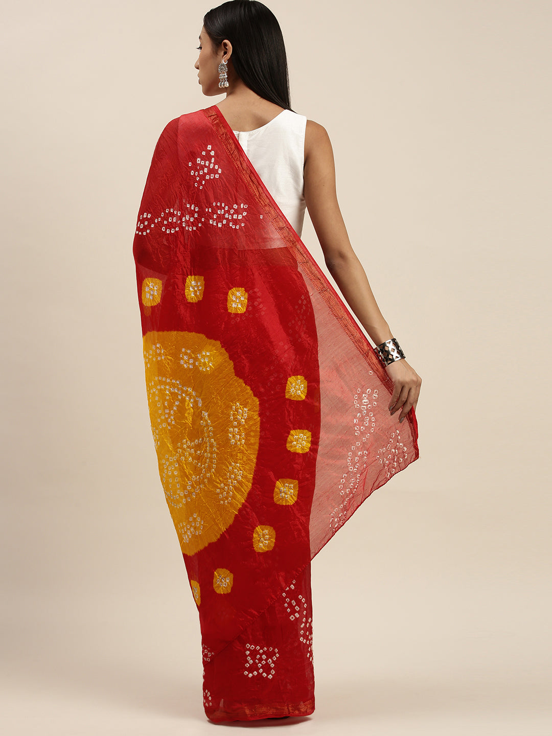 Red Bandhani Art Silk Saree With Zari Border