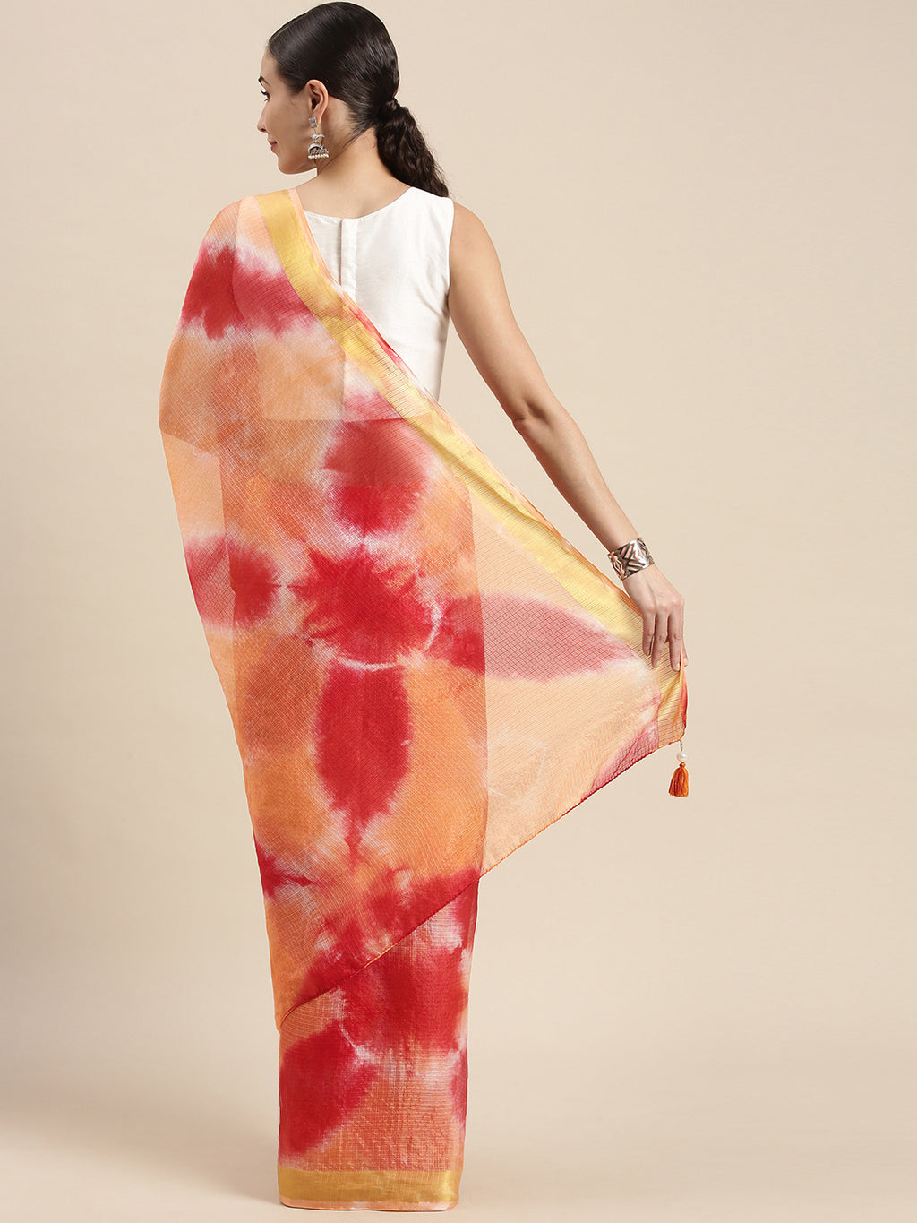 Red Shibori Print Zari Border Kota Doria Silk Saree