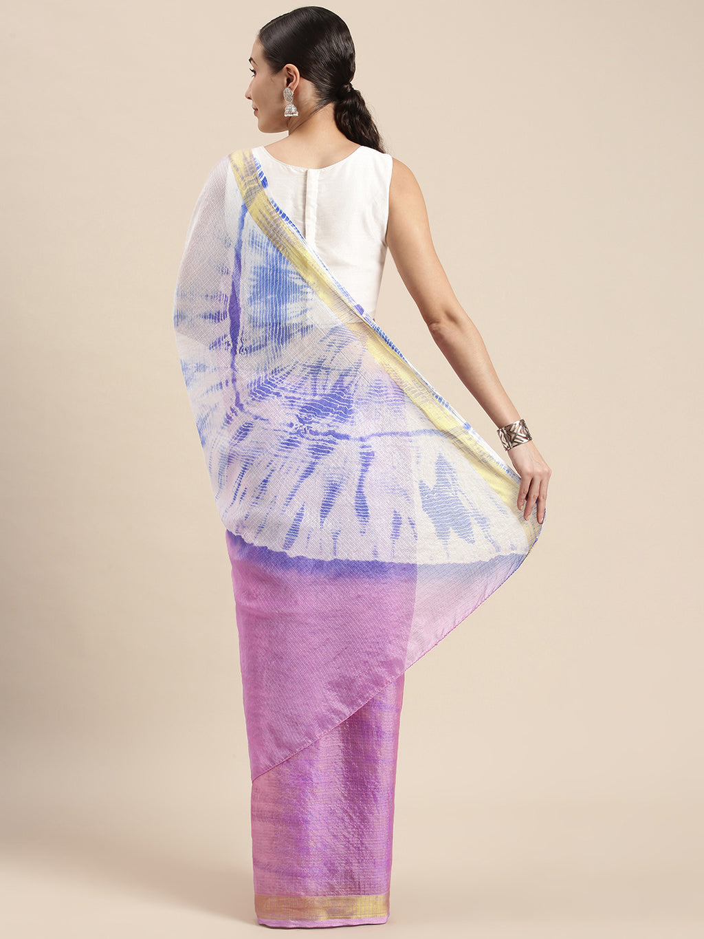 Pink & Blue Shaded Hand Dyed Shibori Art Kota Silk Saree