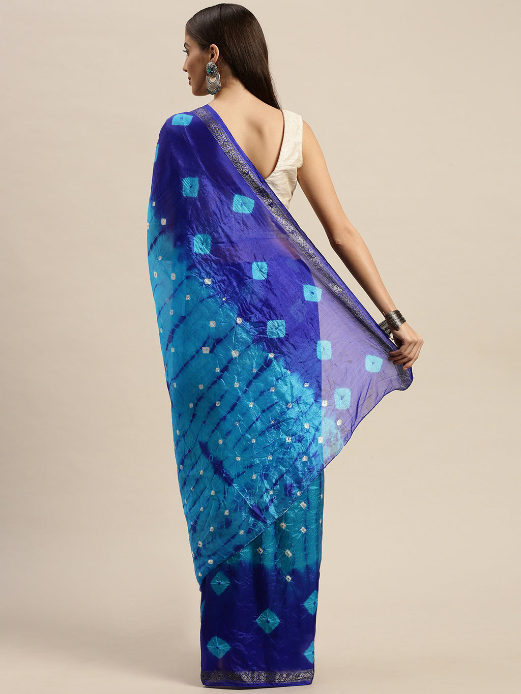 Turquoise Blue Hand Dyed Bandhani Zari Work Art Silk Saree