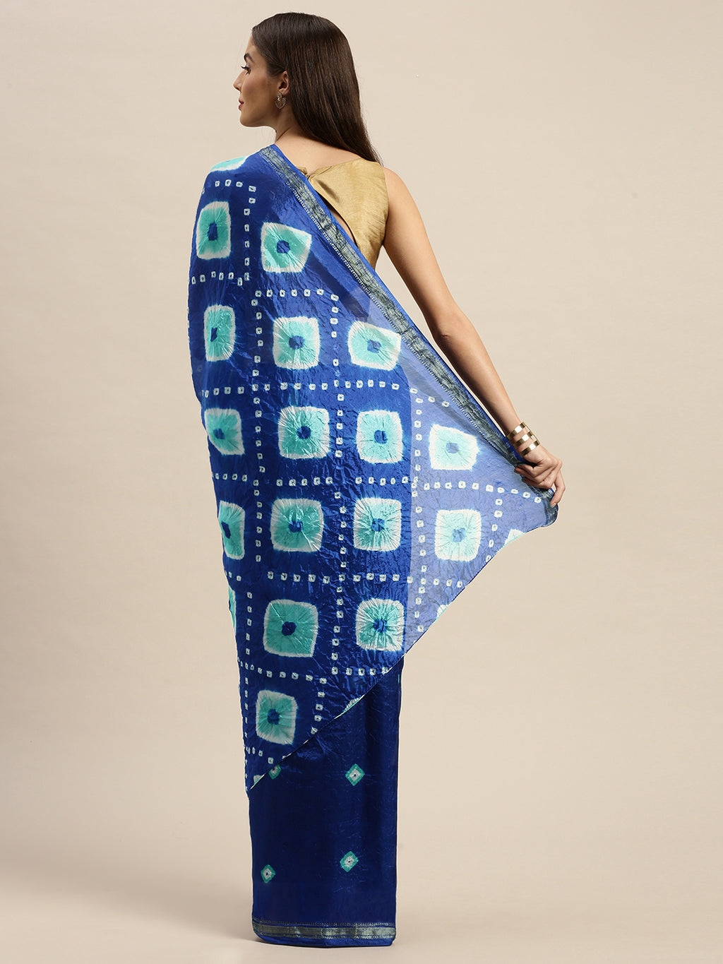 Blue Hand Dyed Bandhani Art Silk Saree With Zari Border