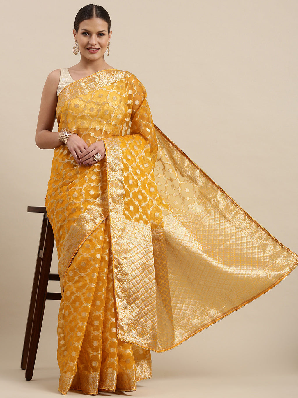 Yellow Floral Zari Organza Banarasi Saree