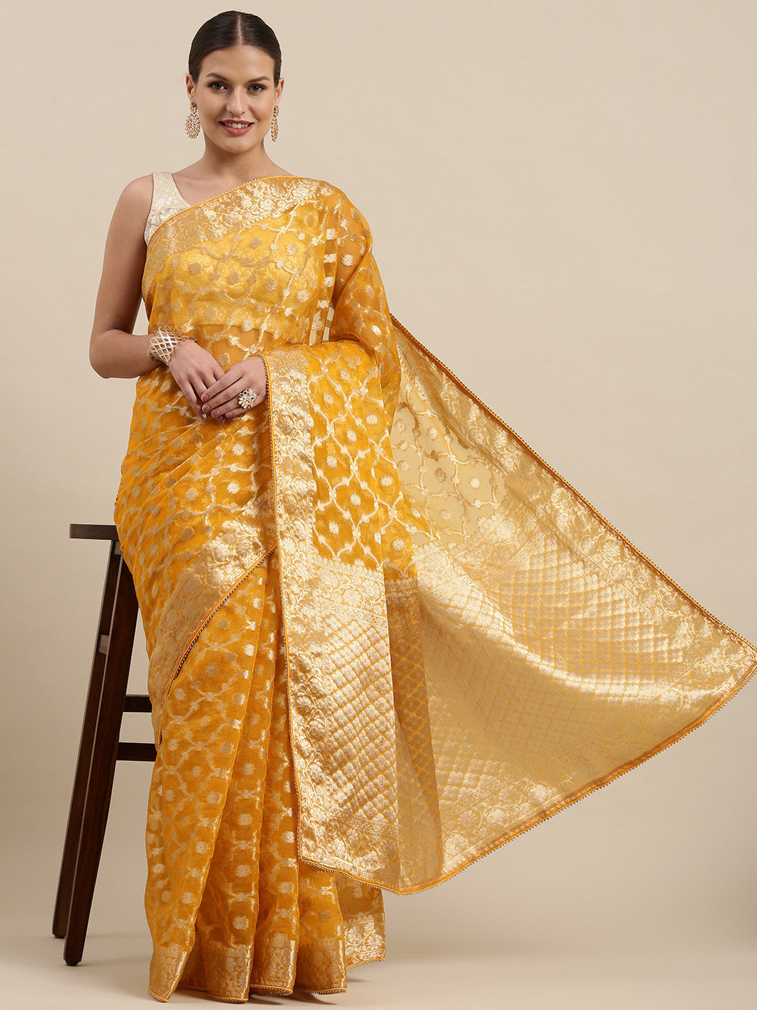 Yellow Floral Zari Organza Banarasi Saree