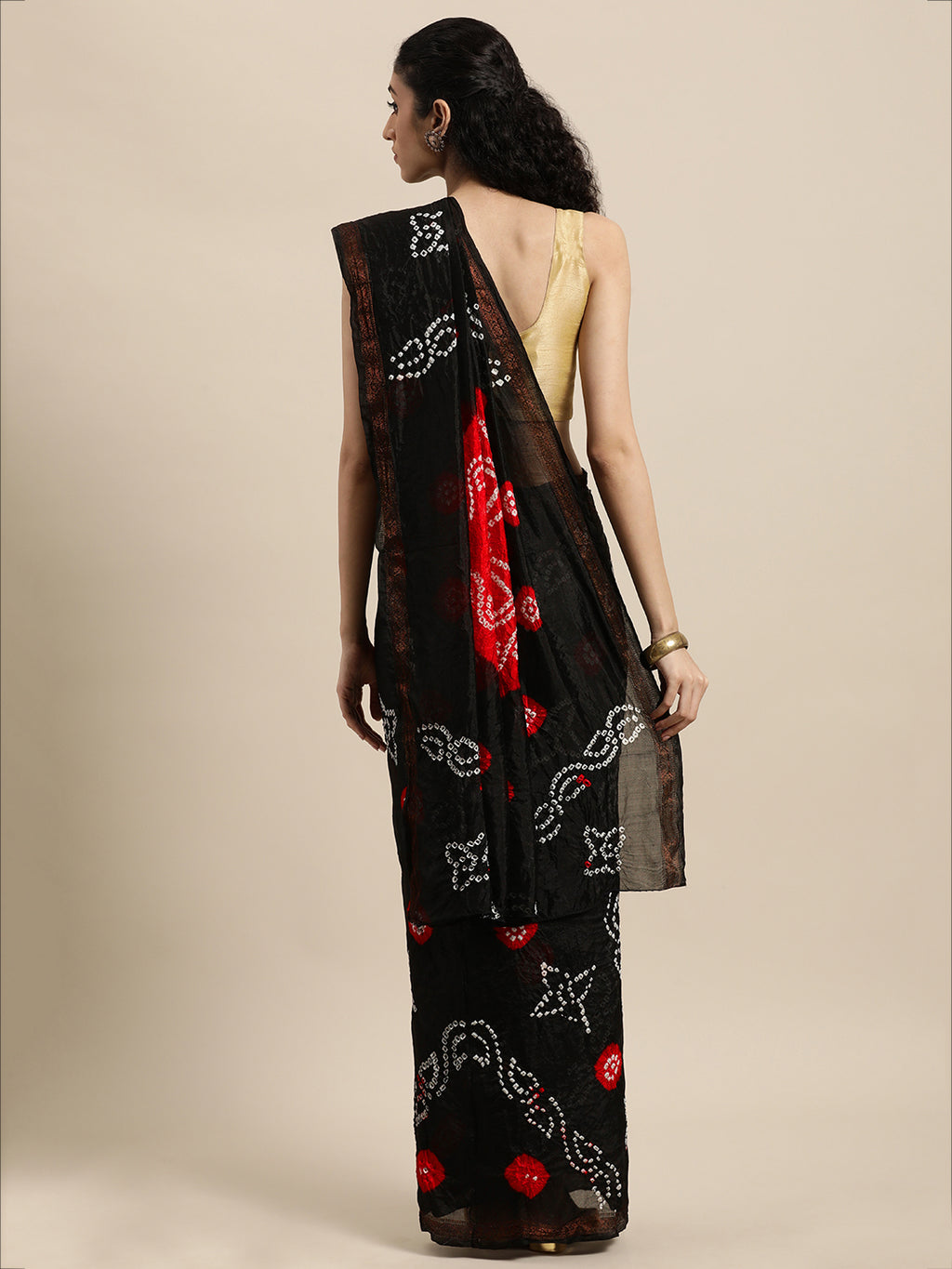 Black Hand Dyed Bandhani Art Silk Saree With Zari Border