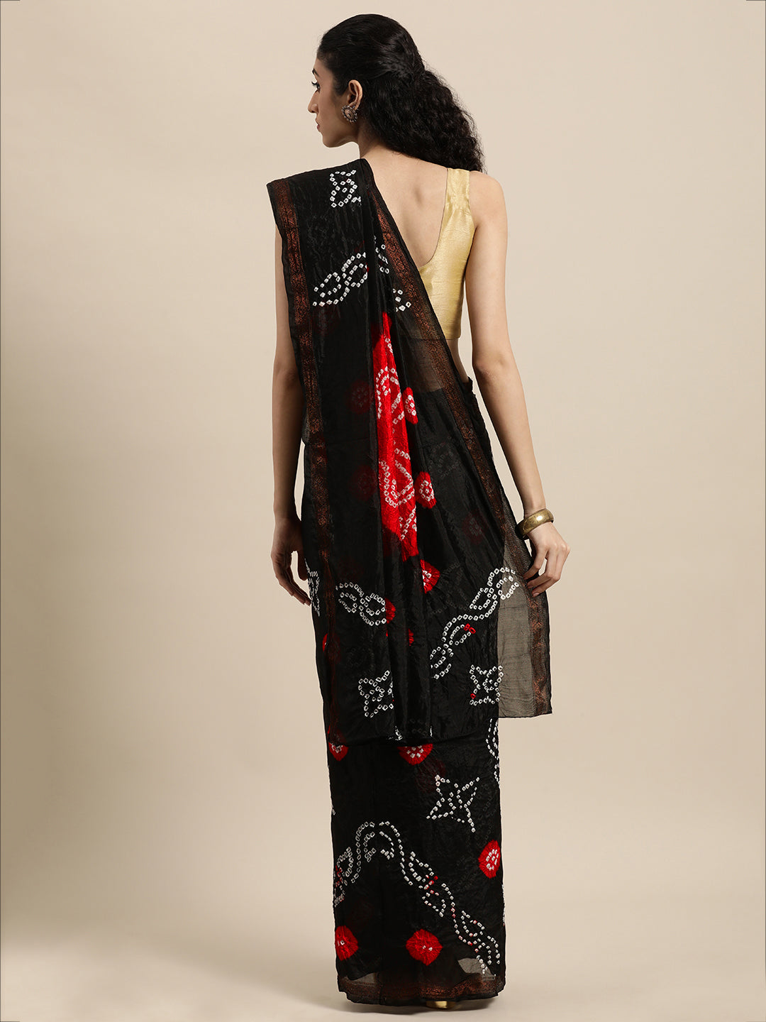 Black Hand Dyed Bandhani Art Silk Saree With Zari Border