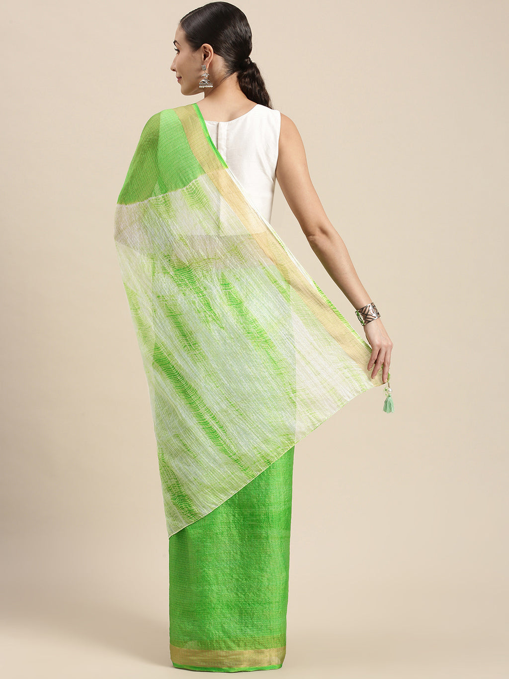 Green Shibori Print Zari Border Kota Doria Silk Saree
