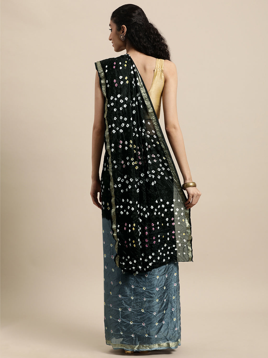 Black Shaded Bandhani Art Silk Saree With Zari Border