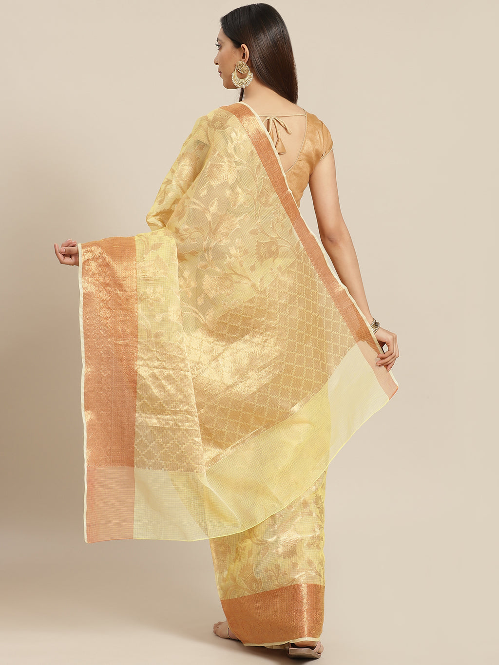Yellow Floral Printed Zari Woven Design Kota Doria Silk Saree