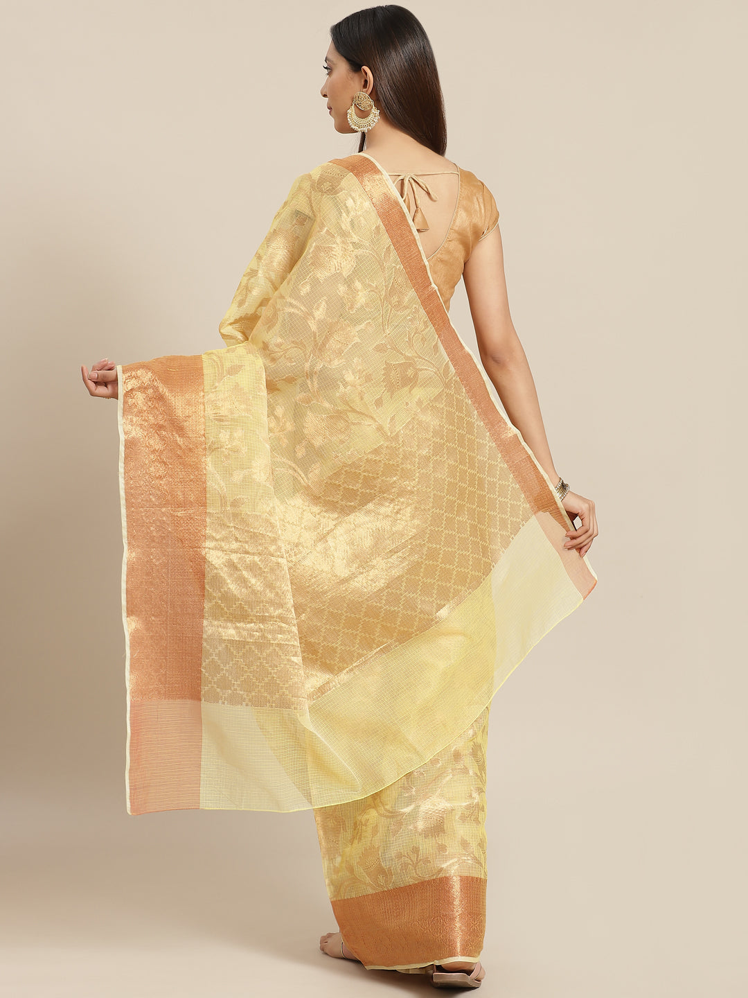 Yellow Floral Printed Zari Woven Design Kota Doria Silk Saree