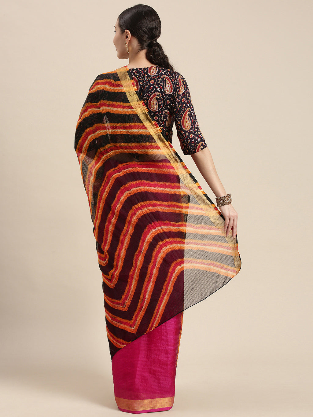Pink Hand Dyed Leheriya Kota Doria Silk Saree
