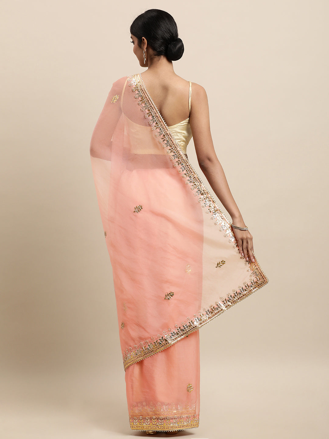 Peach HandCrafted Gota Patti Work Organza Saree