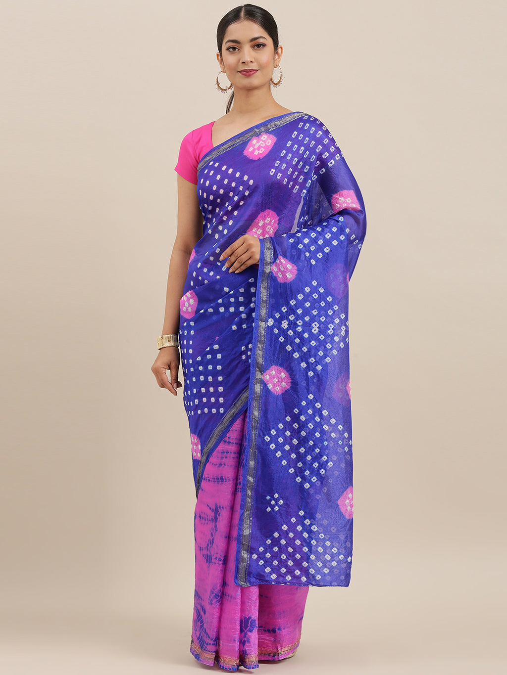 Pink & Blue Bandhani Zari Border Art Silk Saree