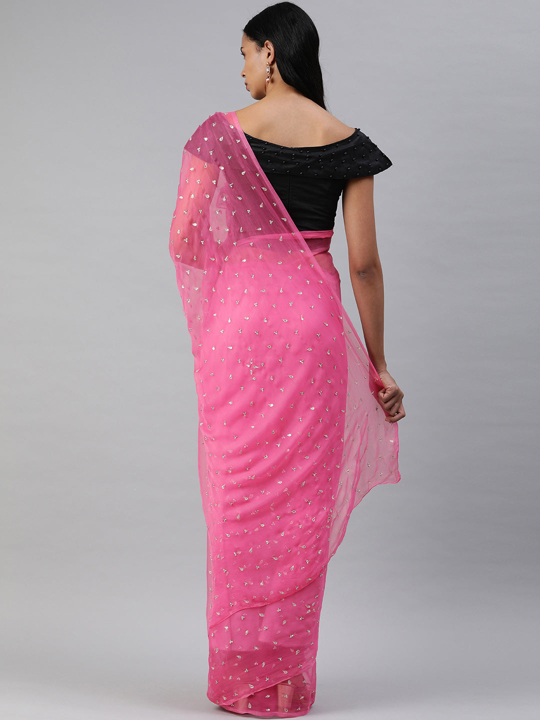 Pink Hand Embroidered Chiffon Saree