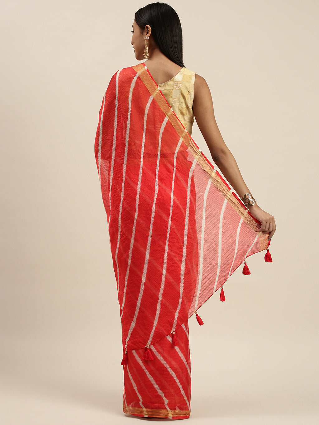 Red Hand Dyed Leheriya Zari Border Kota Doria Saree