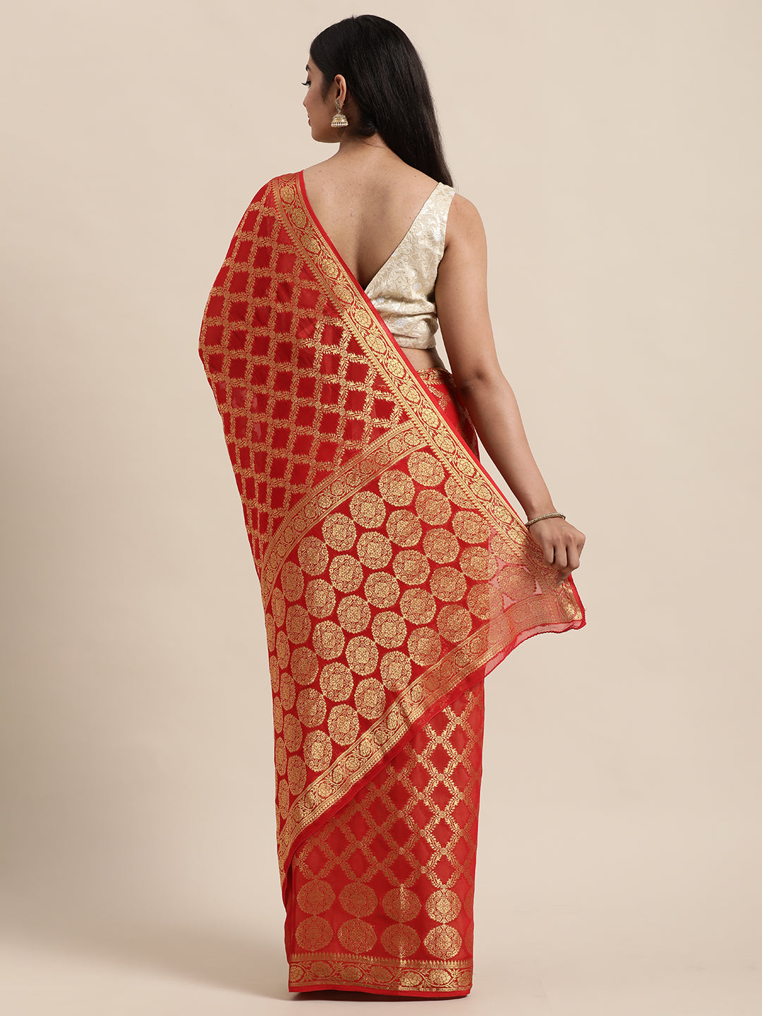 Red Floral Printed Zari Work Georgette Saree