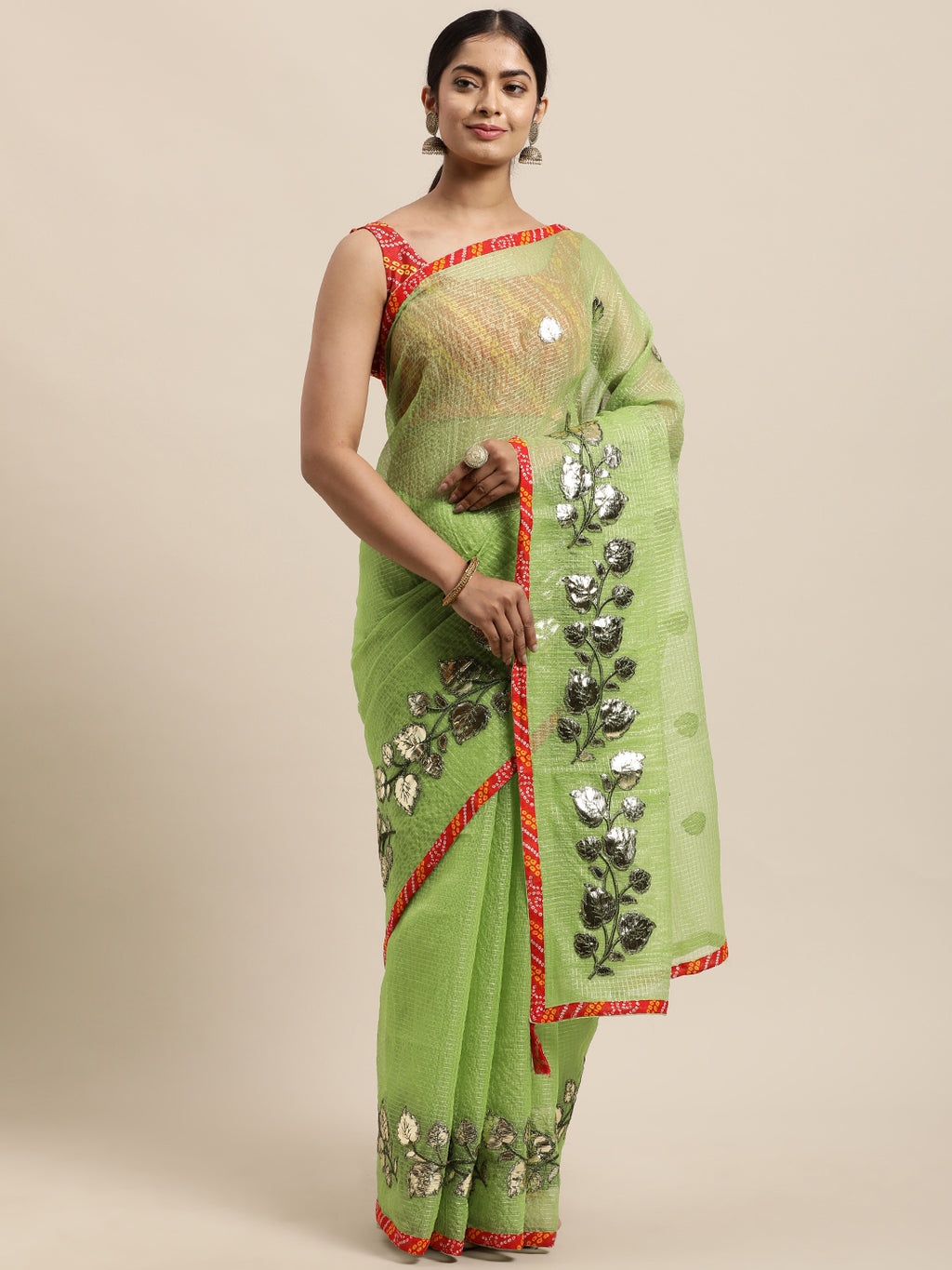 Green Floral Printed Gota Patti Work Lace Border Kota Doria Saree