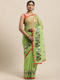 Green Floral Printed Gota Patti Work Lace Border Kota Doria Saree