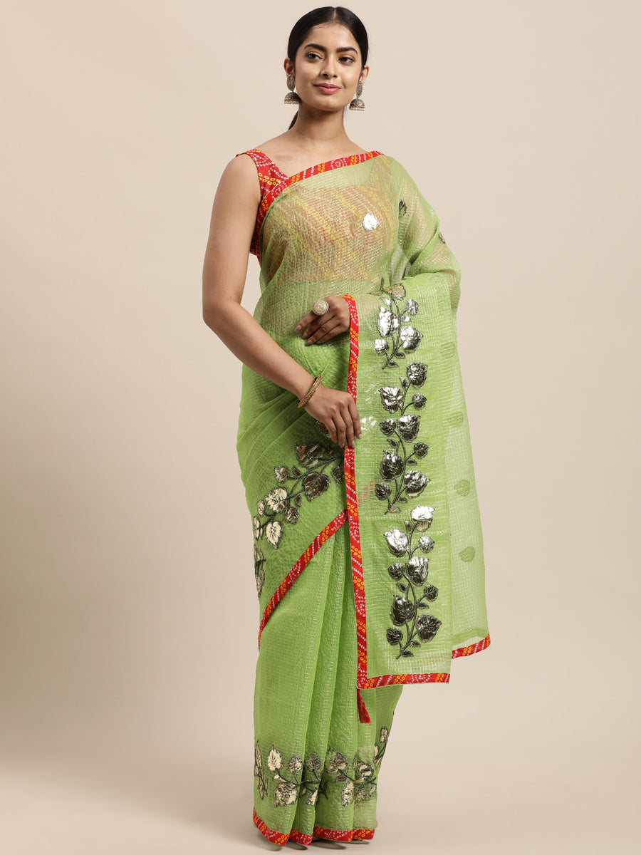 Green Floral Printed Gota Patti Work Lace Border Kota Doria Saree