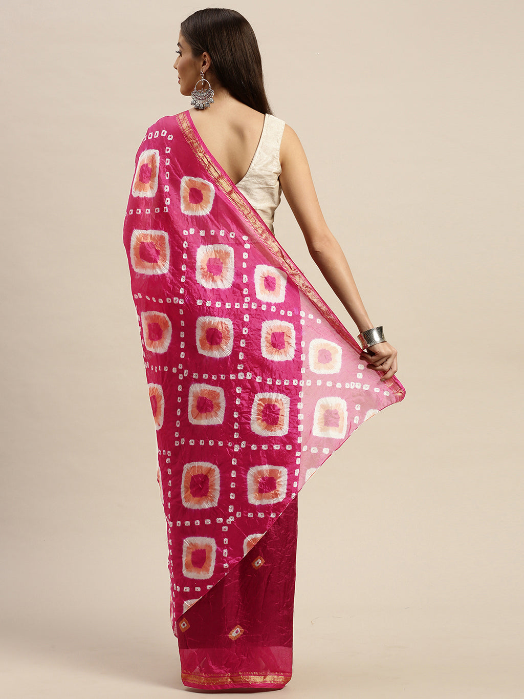 Pink & White Hand Dyed Bandhani Zari Work Art Silk Saree