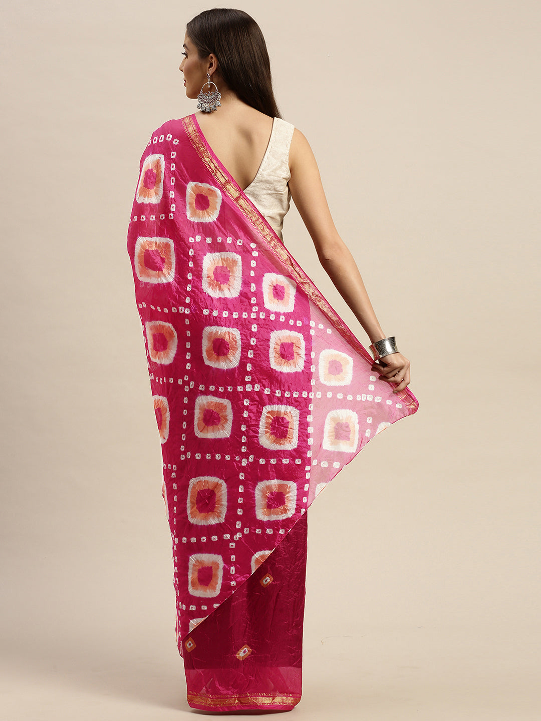 Pink & White Hand Dyed Bandhani Zari Work Art Silk Saree