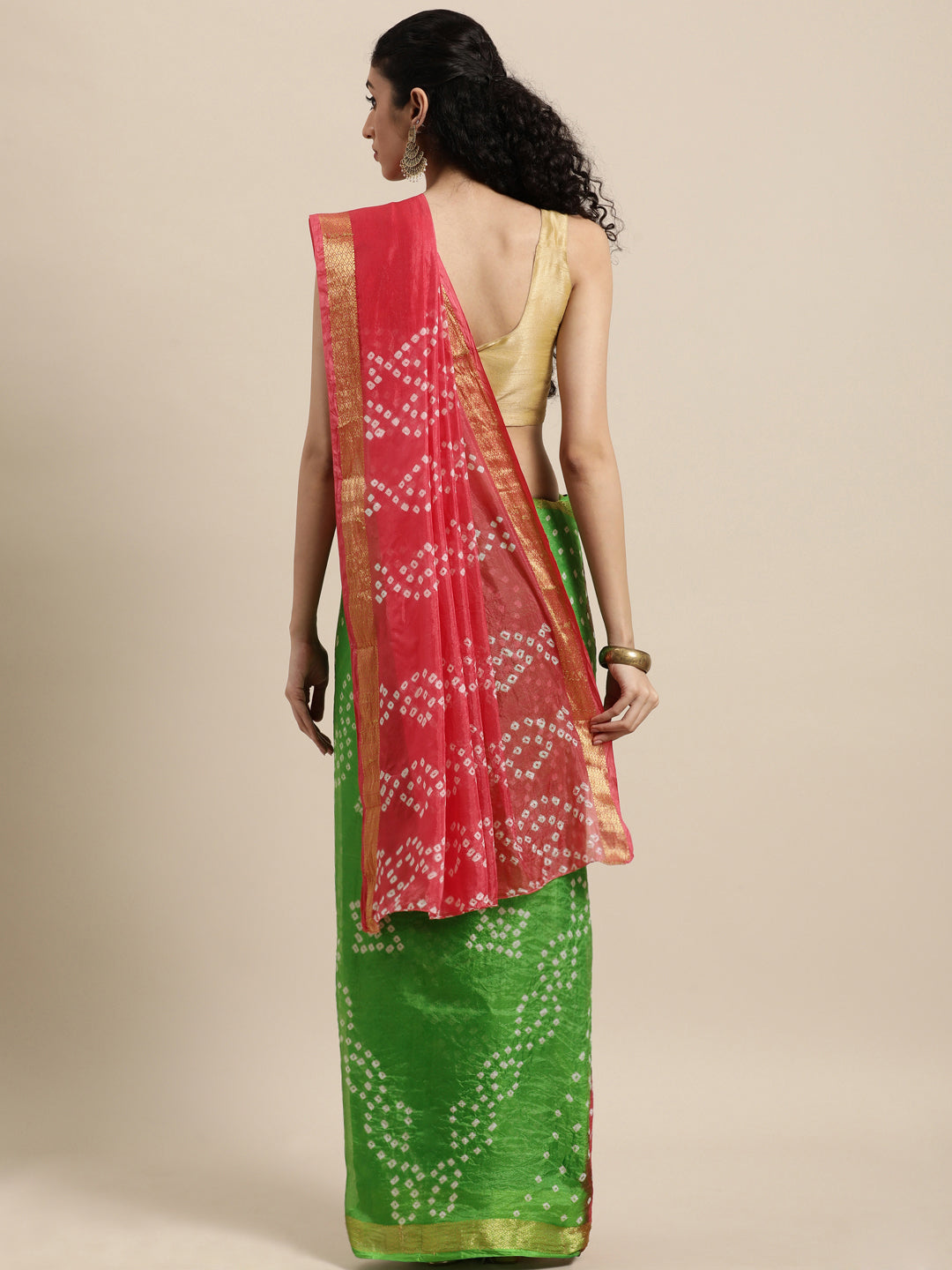 Green Shaded Bandhani Zari Work Art Silk Saree