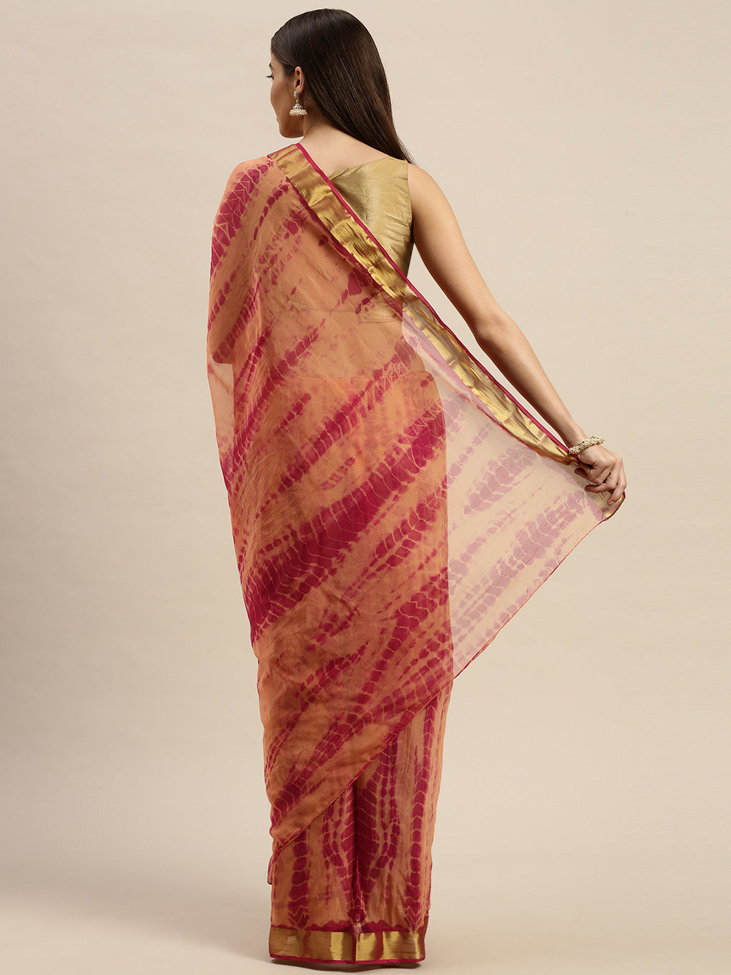 Peach Shibori Print Zari Border Chiffon Saree