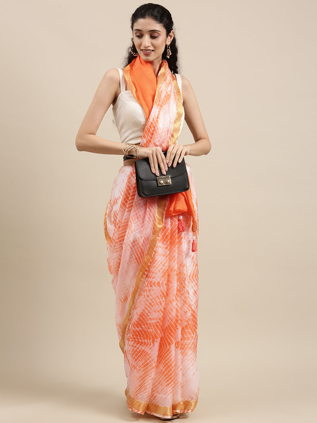Orange Hand Dyed Leheriya Zari Border Kota Doria Silk Saree