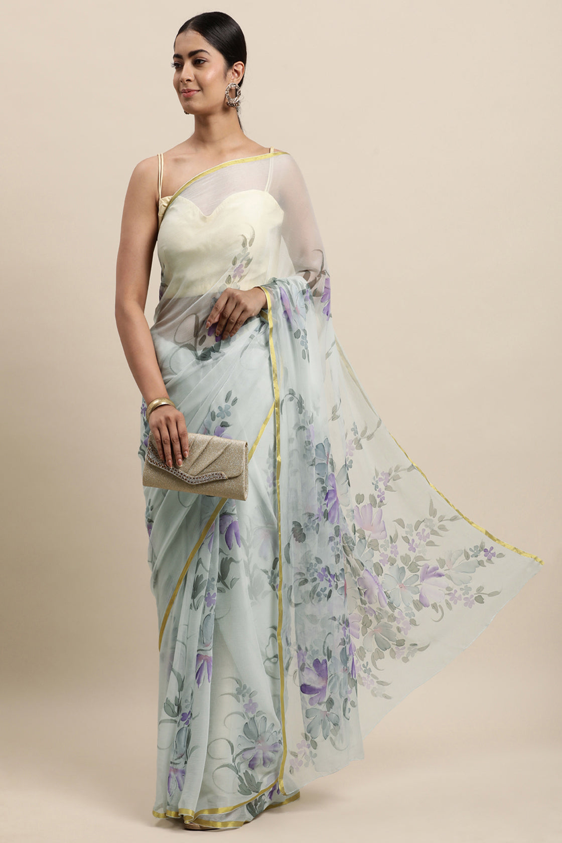 Grey And Purple Hand Painted Floral Chiffon Saree