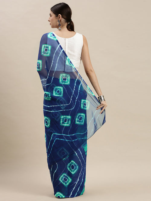 Blue Bandhani With Leheriya & Shibori Print Chiffon Saree