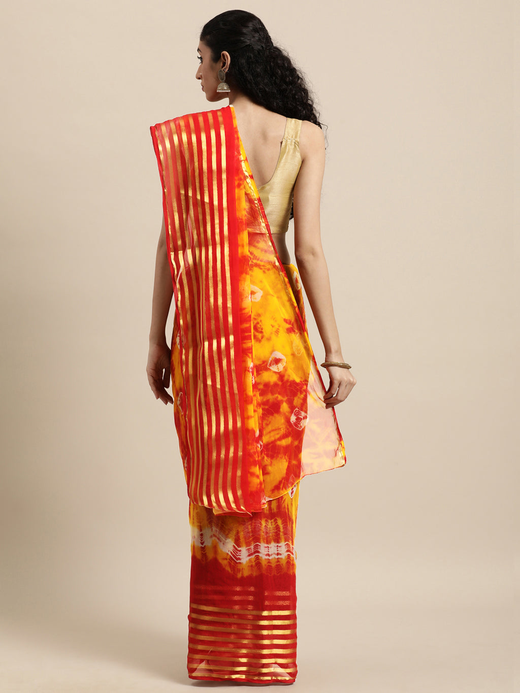 Red-Yellow Bandhani Art Silk With Zari Border Saree