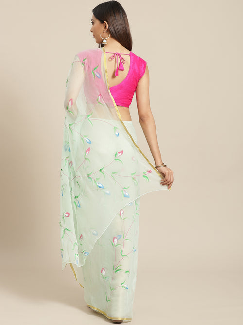 Blue Hand Painted Chiffon Saree With Zari Border