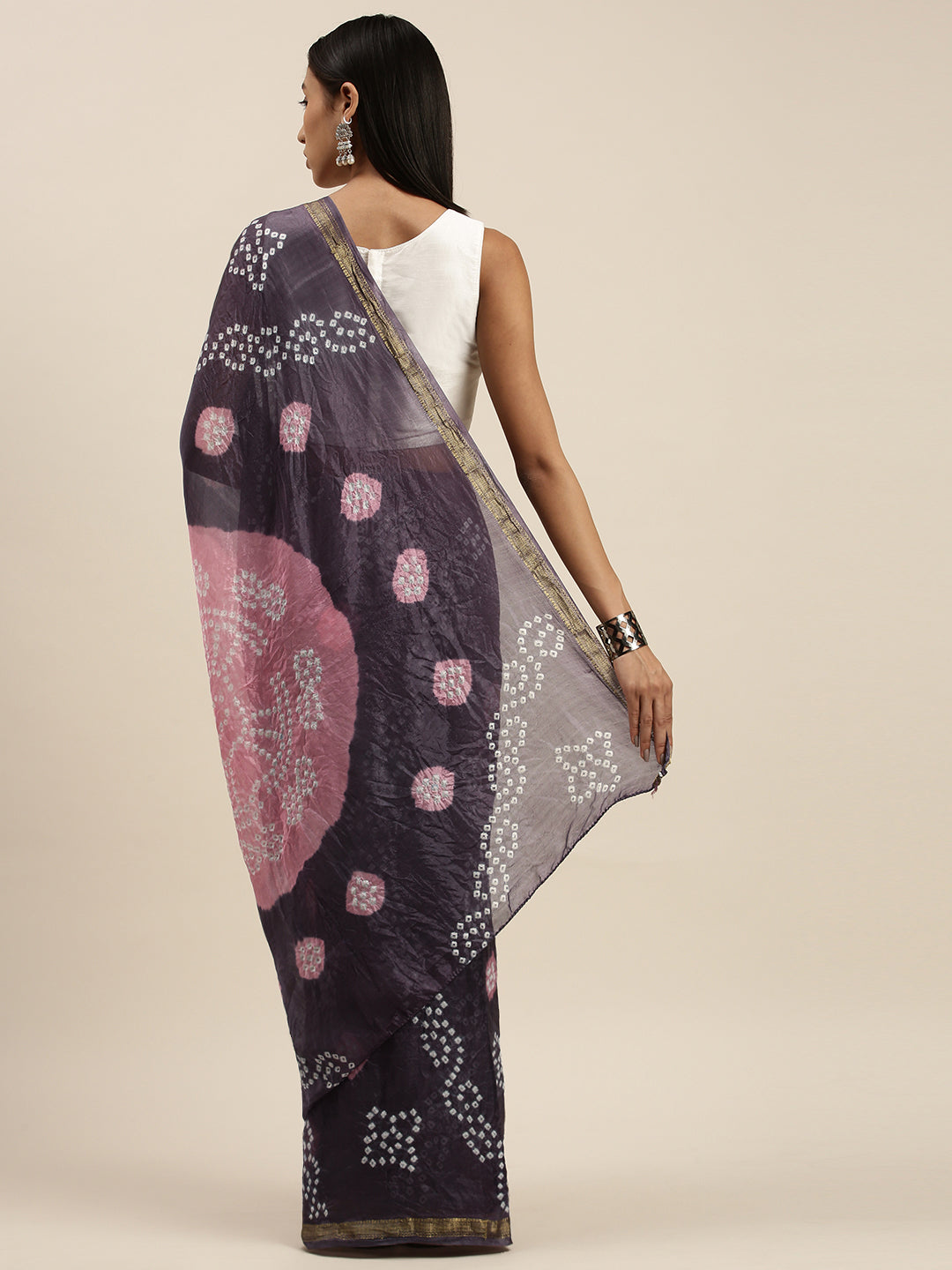Grey Hand Dyed Bandhani Zari Work Art Silk Saree
