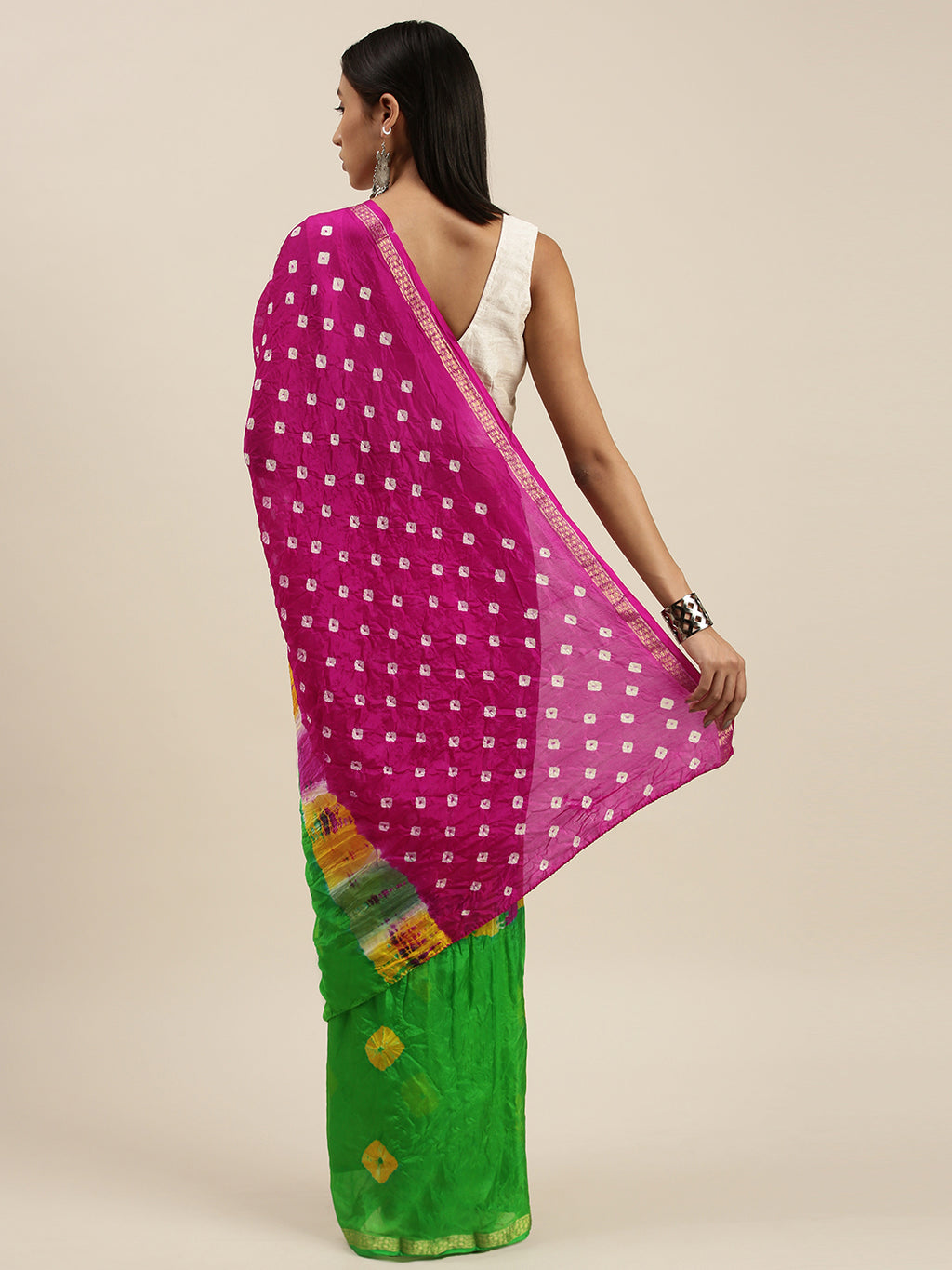 Pink & Green Hand Dyed Bandhani Zari Work Art Silk Saree