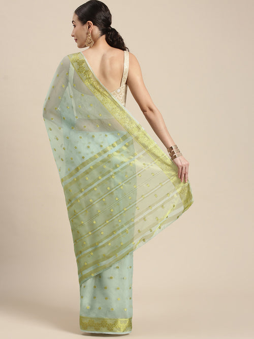 Blue Floral Printed Zari Work Organza Saree