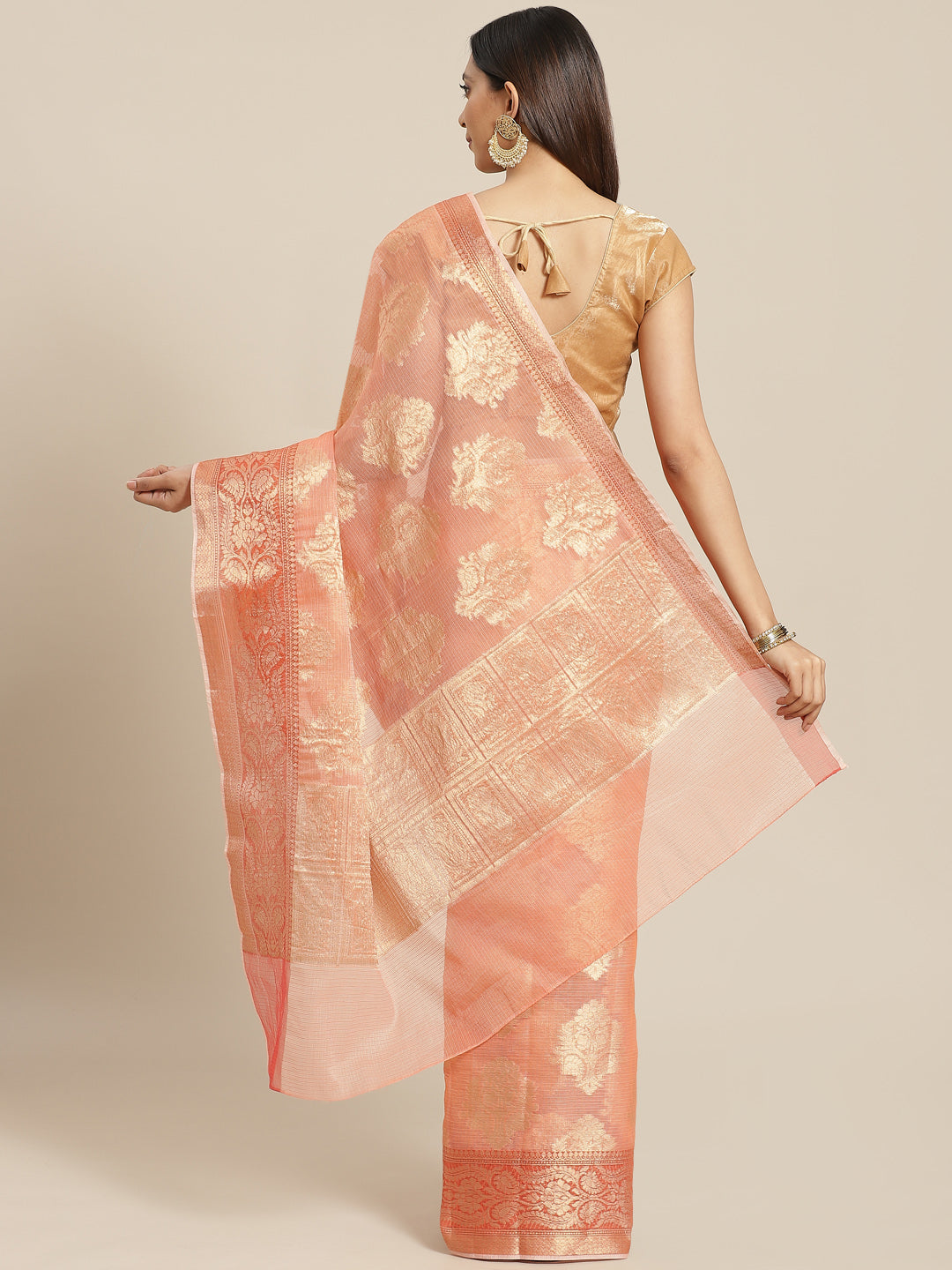 Peach Floral Printed Zari Woven Design Kota Doria Silk Saree