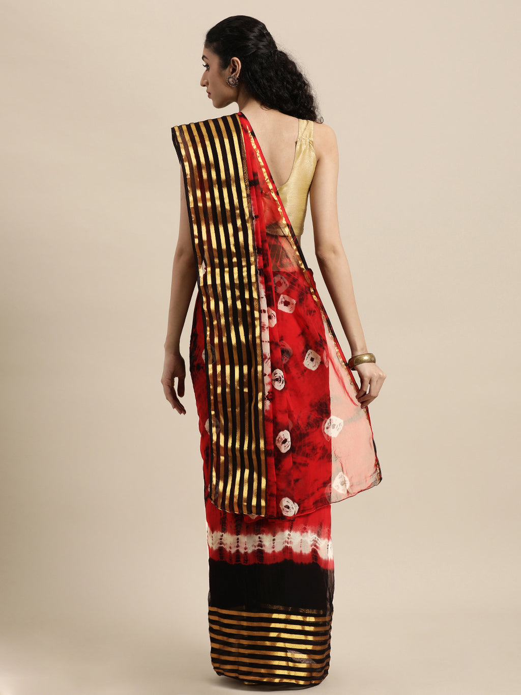 Red Hand Dyed Shibori Zari Work Art Silk Saree