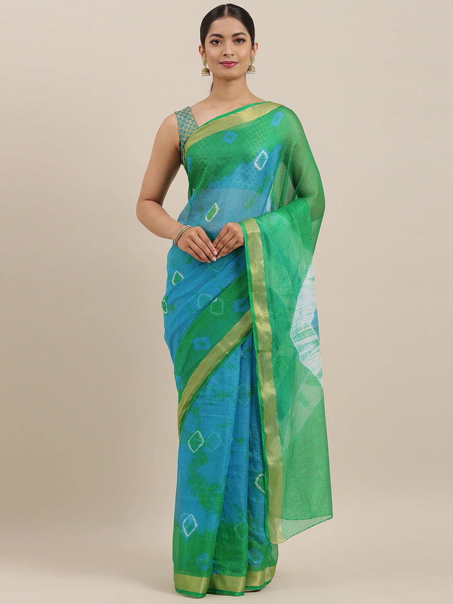 Blue Bandhani Zari Border Kota Doria Silk Saree