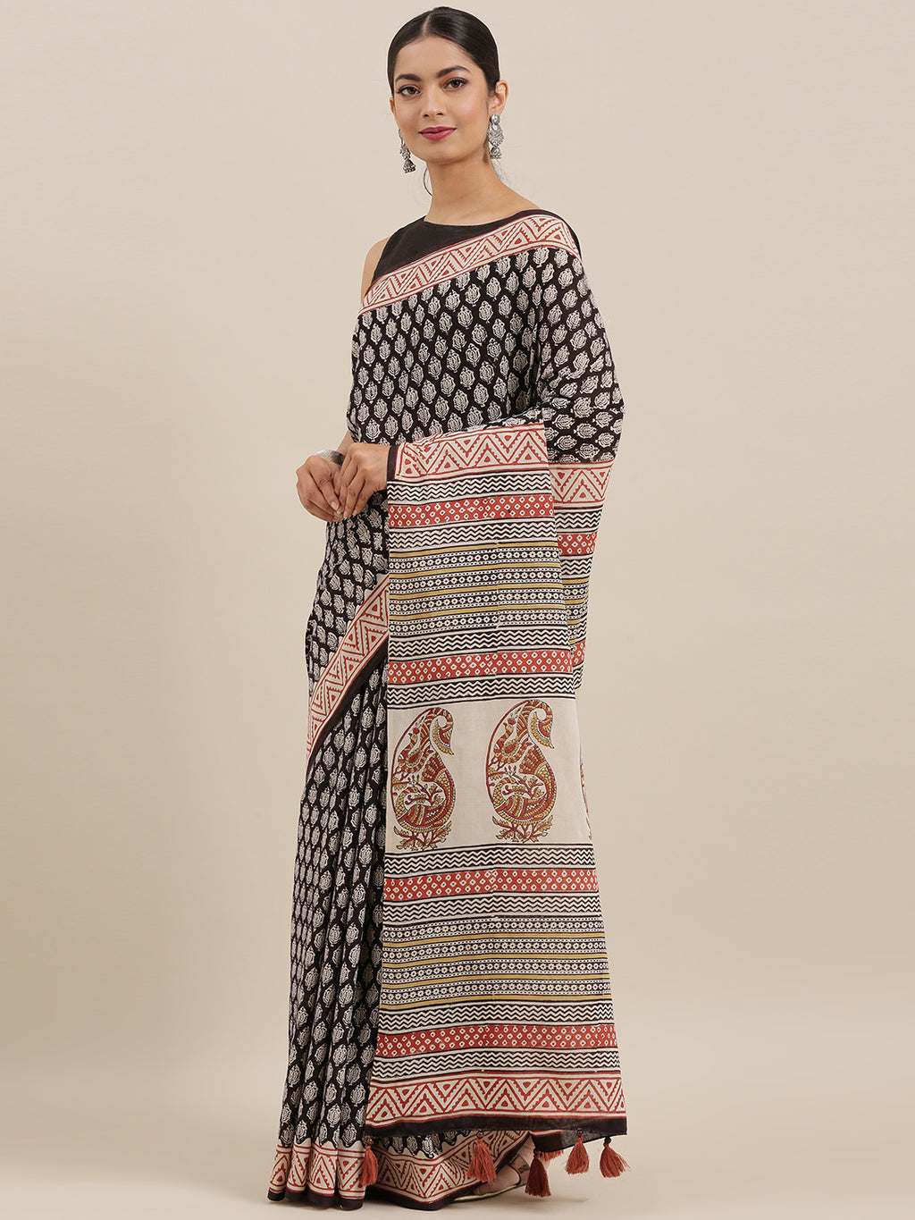 Black & Maroon Hand Block Printed Bagru Cotton Sustainable Saree