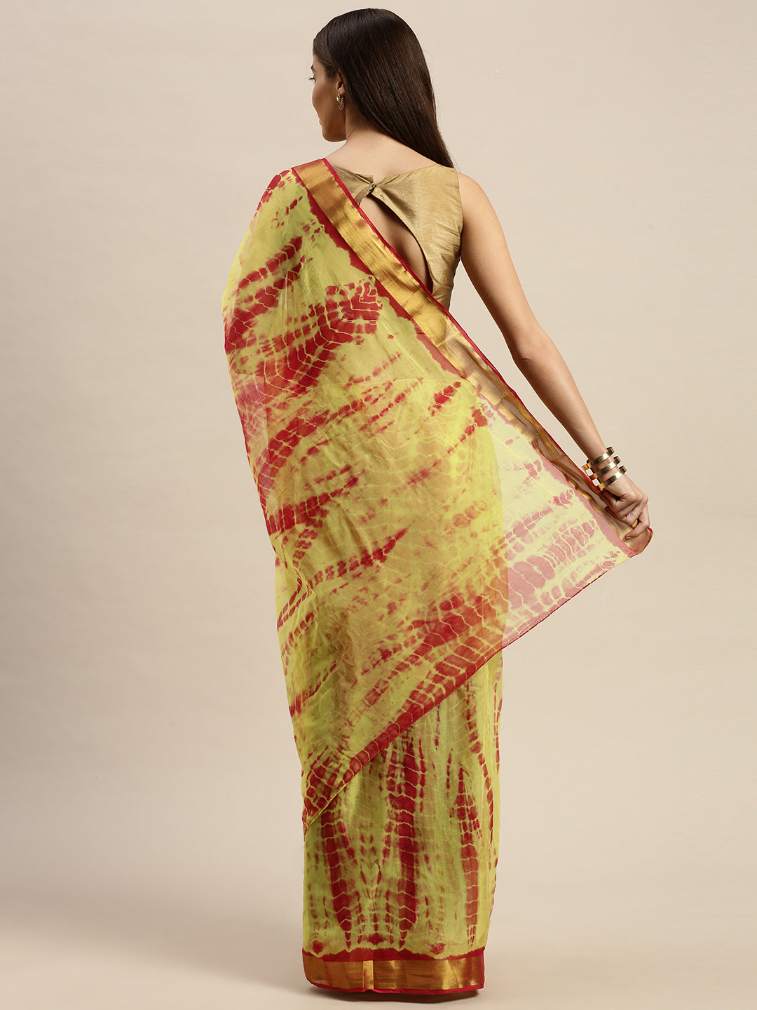 Yellow Shibori Print Zari Border Chiffon Saree