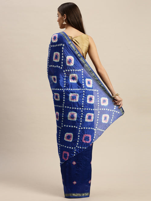 Blue Hand Dyed Bandhani Art Silk With Zari Border Saree