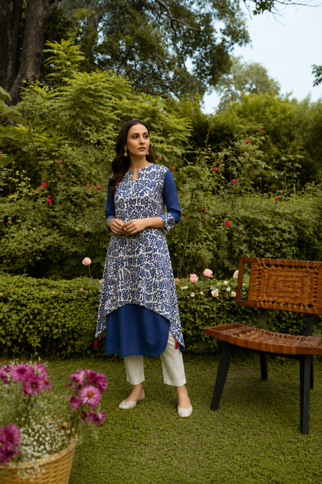 Blue Printed A-Line Kurta