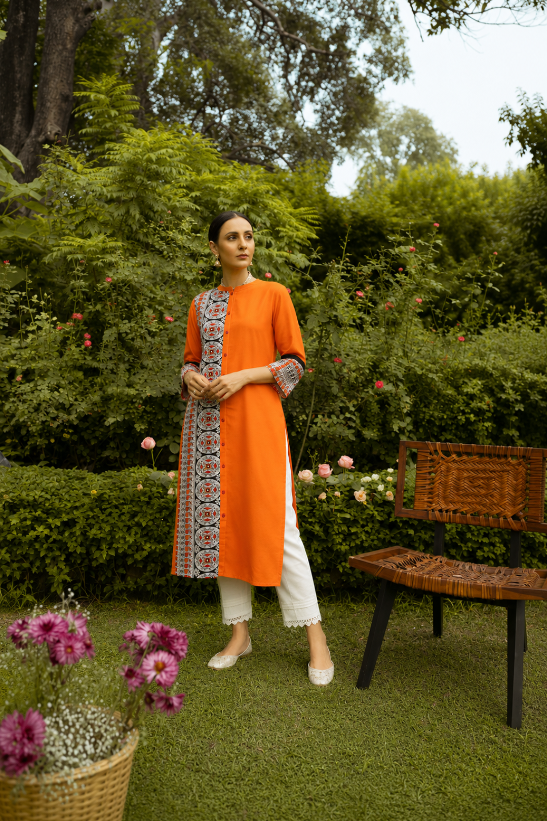 Orange Ethnic Motifs Printed Straight Kurta